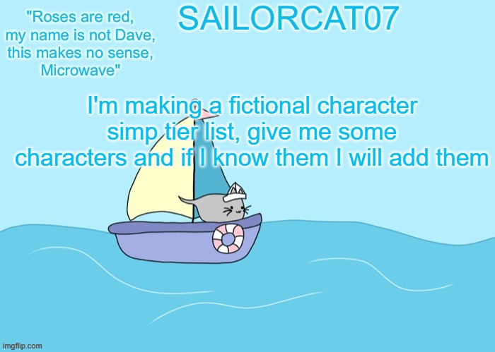 idk | I'm making a fictional character simp tier list, give me some characters and if I know them I will add them | image tagged in sailorcat07 template | made w/ Imgflip meme maker