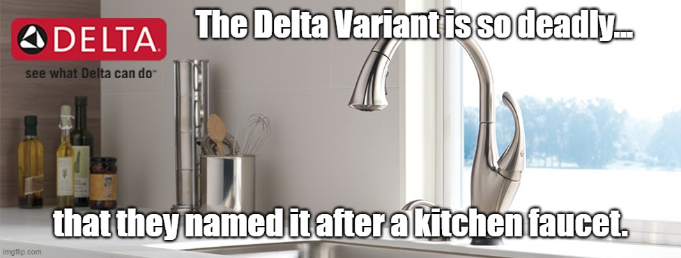 Delta variant will last as long as its fear factor does. | The Delta Variant is so deadly... that they named it after a kitchen faucet. | image tagged in delta variant,covid,vaccine | made w/ Imgflip meme maker