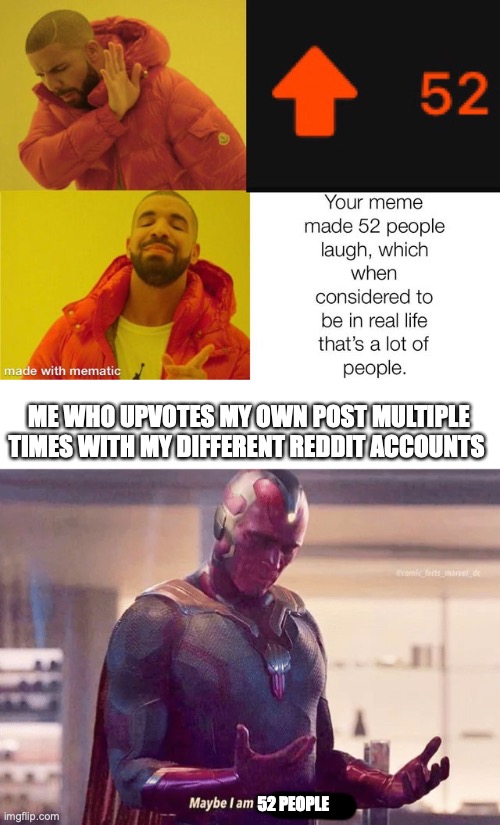 ME WHO UPVOTES MY OWN POST MULTIPLE TIMES WITH MY DIFFERENT REDDIT ACCOUNTS; 52 PEOPLE | image tagged in maybe i am a monster blank | made w/ Imgflip meme maker