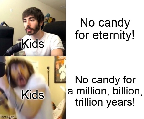 Lifespans for "Sweet"hearts |  No candy for eternity! Kids; No candy for a million, billion, trillion years! Kids | image tagged in penguinz0 | made w/ Imgflip meme maker