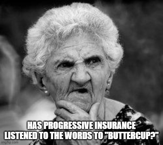 Why do you build me up, just to let me down, and mess me around? | HAS PROGRESSIVE INSURANCE LISTENED TO THE WORDS TO "BUTTERCUP?" | image tagged in confused old lady,progressive insurance | made w/ Imgflip meme maker