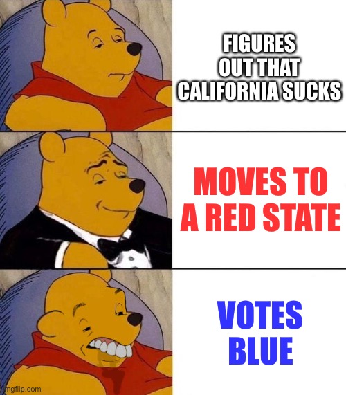 If you are moving from a blue state to a red state because the blue state sucks, do not vote blue. | FIGURES OUT THAT CALIFORNIA SUCKS; MOVES TO A RED STATE; VOTES BLUE | image tagged in best better blurst,memes,red pill blue pill,vote,liberal logic,conservative | made w/ Imgflip meme maker