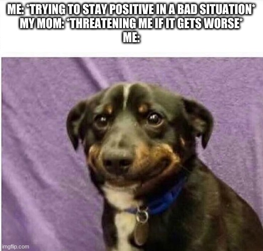 Just peachy | ME: *TRYING TO STAY POSITIVE IN A BAD SITUATION*
MY MOM: *THREATENING ME IF IT GETS WORSE*
ME: | image tagged in sad dog | made w/ Imgflip meme maker