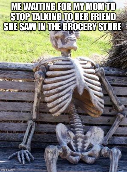 Waiting Skeleton Meme | ME WAITING FOR MY MOM TO STOP TALKING TO HER FRIEND SHE SAW IN THE GROCERY STORE | image tagged in memes,waiting skeleton | made w/ Imgflip meme maker
