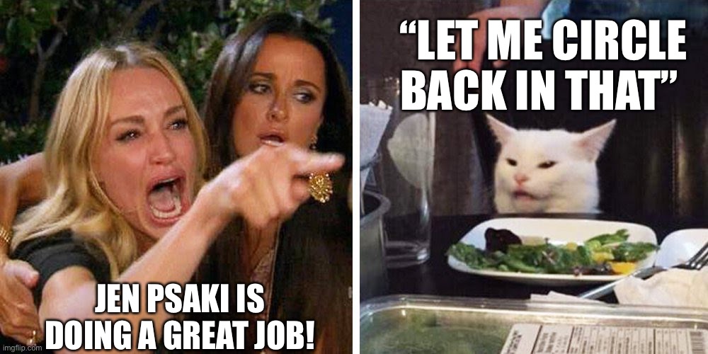 Jen Psakis Doing A Great Job! | “LET ME CIRCLE BACK IN THAT”; JEN PSAKI IS DOING A GREAT JOB! | image tagged in smudge the cat,jen psaki | made w/ Imgflip meme maker