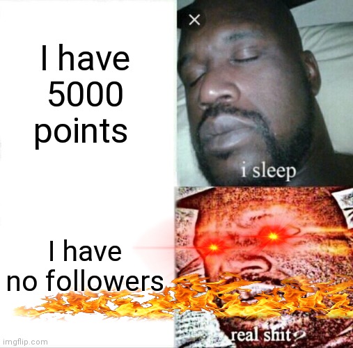 Follow me please | I have 5000 points; I have no followers | image tagged in memes,sleeping shaq | made w/ Imgflip meme maker