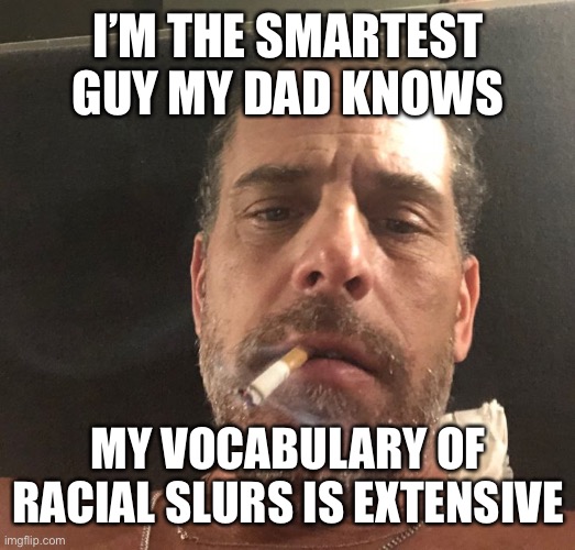 The smartest man Joe knows | I’M THE SMARTEST GUY MY DAD KNOWS; MY VOCABULARY OF RACIAL SLURS IS EXTENSIVE | image tagged in hunter biden,n word,smartest | made w/ Imgflip meme maker