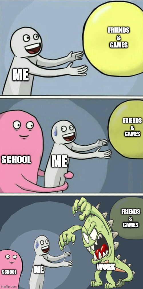 My life in a nut shell | FRIENDS
&
GAMES; ME; FRIENDS
&
GAMES; SCHOOL; ME; FRIENDS
&
GAMES; WORK; ME; SCHOOL | image tagged in running away balloon extra,running away balloon,funny,memes,fun,life | made w/ Imgflip meme maker