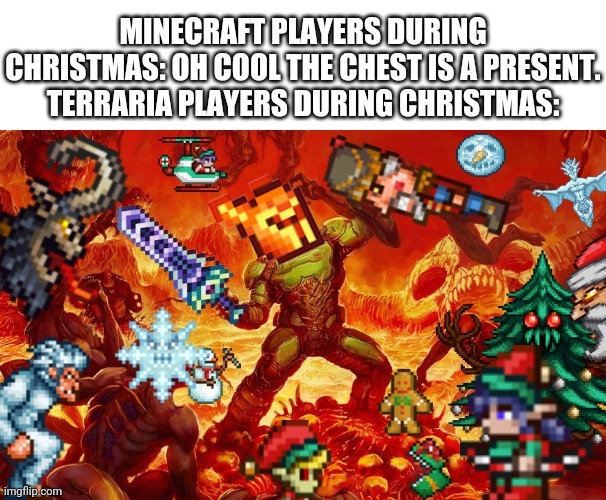 Can you find the mister stabby I hid? | image tagged in doom slayer killing demons,terraria | made w/ Imgflip meme maker