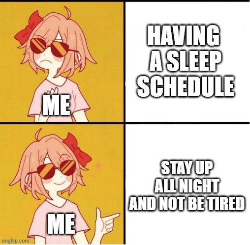 my sleep schelule | HAVING 
A SLEEP SCHEDULE; ME; STAY UP ALL NIGHT AND NOT BE TIRED; ME | image tagged in sayori drake | made w/ Imgflip meme maker