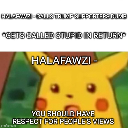 Surprised Pikachu Meme | HALAFAWZI - CALLS TRUMP SUPPORTERS DUMB *GETS CALLED STUPID IN RETURN* HALAFAWZI - YOU SHOULD HAVE RESPECT FOR PEOPLE'S VIEWS | image tagged in memes,surprised pikachu | made w/ Imgflip meme maker