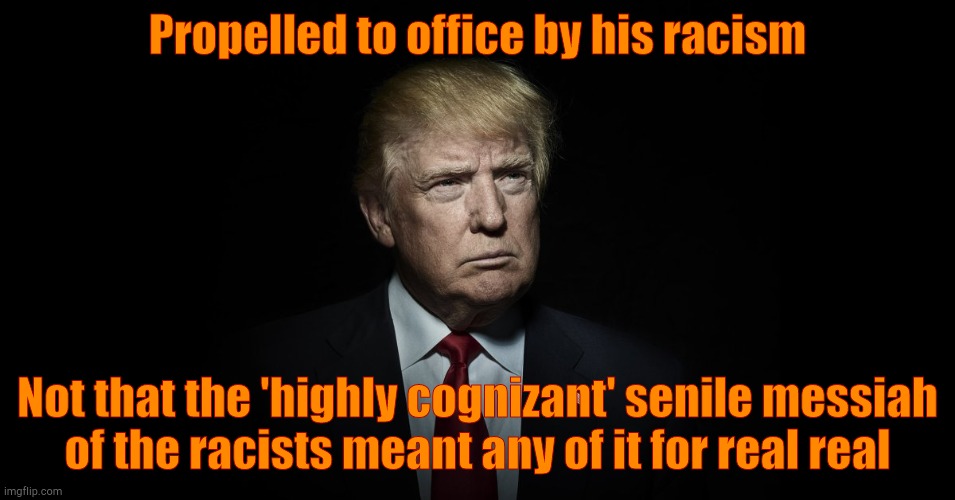 Propelled to office by his racism Not that the 'highly cognizant' senile messiah    of the racists meant any of it for real real | image tagged in trump in the dark | made w/ Imgflip meme maker