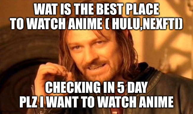 One Does Not Simply Meme | WAT IS THE BEST PLACE TO WATCH ANIME ( HULU,NEXFTI); CHECKING IN 5 DAY
PLZ I WANT TO WATCH ANIME | image tagged in memes,one does not simply | made w/ Imgflip meme maker
