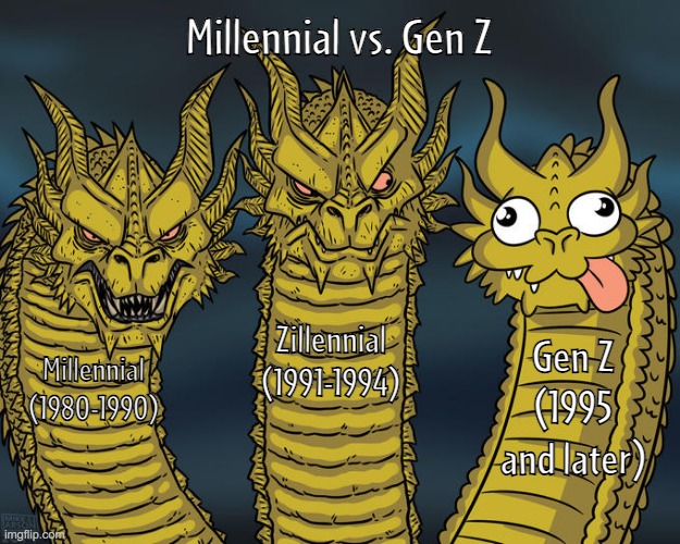 Gen Z is worse than millennial | Millennial vs. Gen Z; Zillennial (1991-1994); Gen Z (1995 and later); Millennial (1980-1990) | image tagged in three-headed dragon,millennial,generation z | made w/ Imgflip meme maker