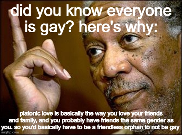 how to make homophobes scared of themselves | did you know everyone is gay? here's why:; platonic love is basically the way you love your friends and family, and you probably have friends the same gender as you. so you'd basically have to be a friendless orphan to not be gay | image tagged in this morgan freeman | made w/ Imgflip meme maker