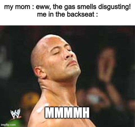 am i the only one? | my mom : eww, the gas smells disgusting!
me in the backseat :; MMMMH | image tagged in the rock smelling,gas,good | made w/ Imgflip meme maker