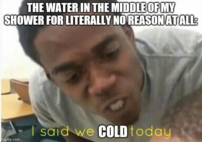 I said we cold today!!! | THE WATER IN THE MIDDLE OF MY SHOWER FOR LITERALLY NO REASON AT ALL:; COLD | image tagged in i said we ____ today | made w/ Imgflip meme maker