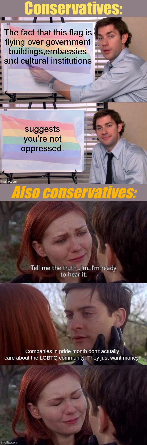 Both spotted on the front-page of politics. Apart from both being passive-aggressive digs at LGBTQ people, they don’t add up | Conservatives:; Also conservatives: | image tagged in lgbtq,lgbt,gay,conservative logic,liberal vs conservative,memes about memes | made w/ Imgflip meme maker