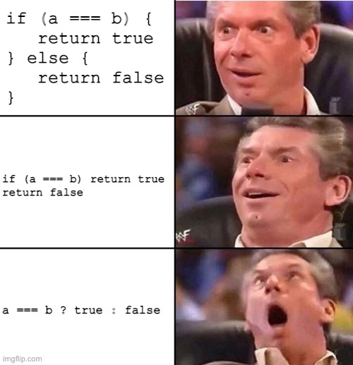 JavaScript Condition Statement | if (a === b) { 
   return true 
} else { 
   return false
}; if (a === b) return true

return false; a === b ? true : false | image tagged in vince mcmahon,javascript,if/else,true/false,conditional | made w/ Imgflip meme maker