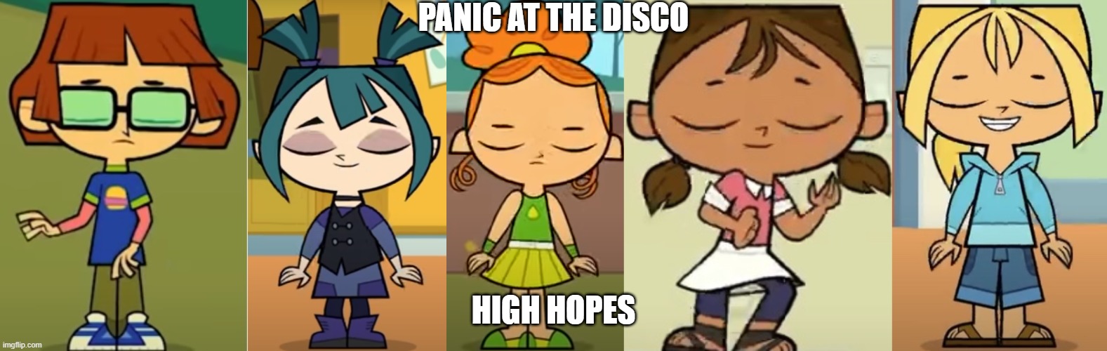 Panic At The Disco High Hopes | PANIC AT THE DISCO; HIGH HOPES | image tagged in harold spins around,gwen spins,izzy spins,courtney spinning,bridgette whirls | made w/ Imgflip meme maker