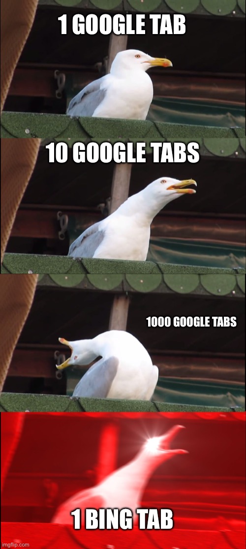 Inhaling Seagull Meme | 1 GOOGLE TAB; 10 GOOGLE TABS; 1000 GOOGLE TABS; 1 BING TAB | image tagged in memes,inhaling seagull | made w/ Imgflip meme maker