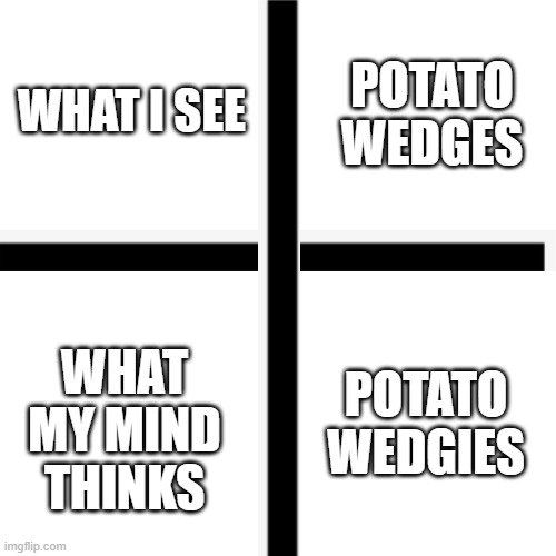 Blank Transparent Square | POTATO WEDGES; WHAT I SEE; WHAT MY MIND THINKS; POTATO WEDGIES | image tagged in memes,blank transparent square | made w/ Imgflip meme maker