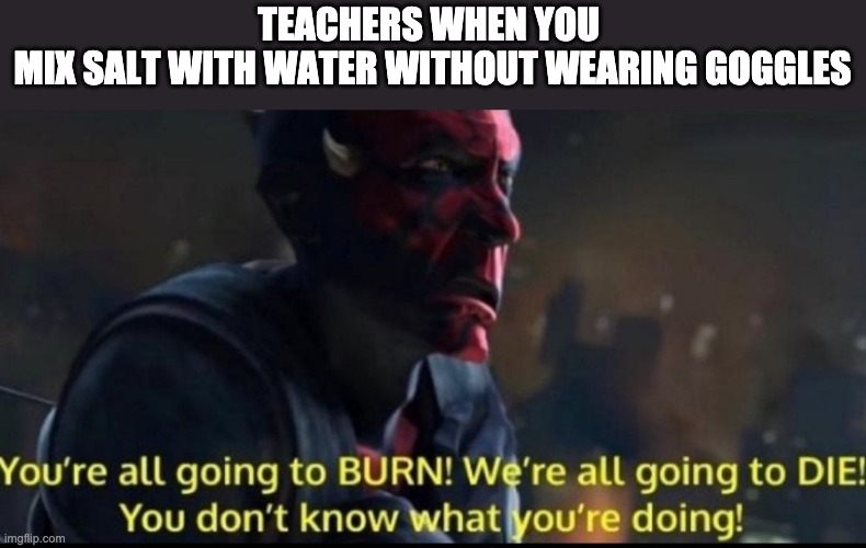 we're all going to die | TEACHERS WHEN YOU 
MIX SALT WITH WATER WITHOUT WEARING GOGGLES | image tagged in we're all going to die,school,memes | made w/ Imgflip meme maker