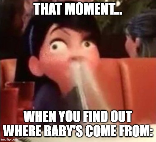 Violet spitting water out of her nose | THAT MOMENT... WHEN YOU FIND OUT WHERE BABY'S COME FROM: | image tagged in violet spitting water out of her nose | made w/ Imgflip meme maker