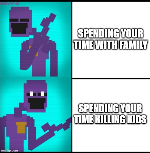 Drake Hotline Bling Meme FNAF EDITION | SPENDING YOUR TIME WITH FAMILY; SPENDING YOUR TIME KILLING KIDS | image tagged in drake hotline bling meme fnaf edition | made w/ Imgflip meme maker