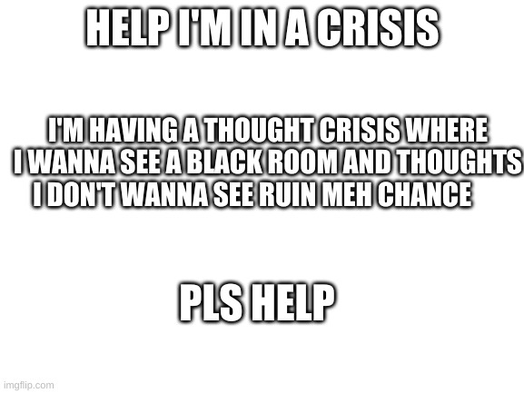 help | HELP I'M IN A CRISIS; I'M HAVING A THOUGHT CRISIS WHERE I WANNA SEE A BLACK ROOM AND THOUGHTS I DON'T WANNA SEE RUIN MEH CHANCE; PLS HELP | image tagged in blank white template,help | made w/ Imgflip meme maker