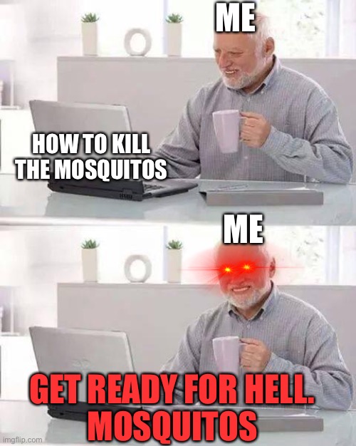 Mosquitos  killer Harold | ME; HOW TO KILL THE MOSQUITOS; ME; GET READY FOR HELL.
MOSQUITOS | image tagged in memes,hide the pain harold | made w/ Imgflip meme maker