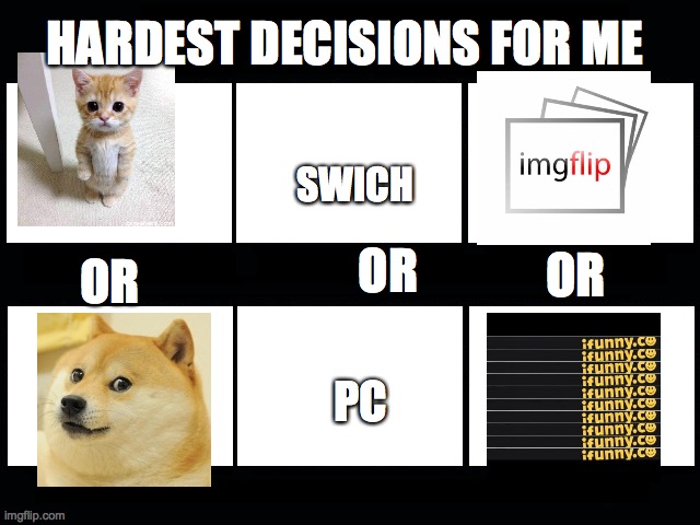 dont juge me on the ifunny thing | HARDEST DECISIONS FOR ME; SWICH; OR; OR; OR; PC | image tagged in what my friends think i do | made w/ Imgflip meme maker