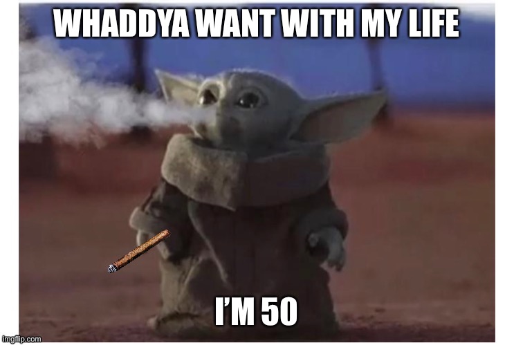 Smoking baby yoda | WHADDYA WANT WITH MY LIFE; I’M 50 | image tagged in smokin baby yoda | made w/ Imgflip meme maker