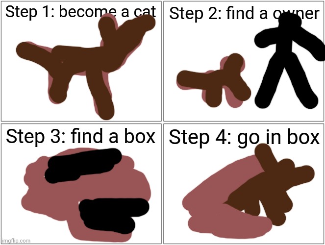 Blank Comic Panel 2x2 | Step 1: become a cat; Step 2: find a owner; Step 3: find a box; Step 4: go in box | image tagged in memes,blank comic panel 2x2 | made w/ Imgflip meme maker
