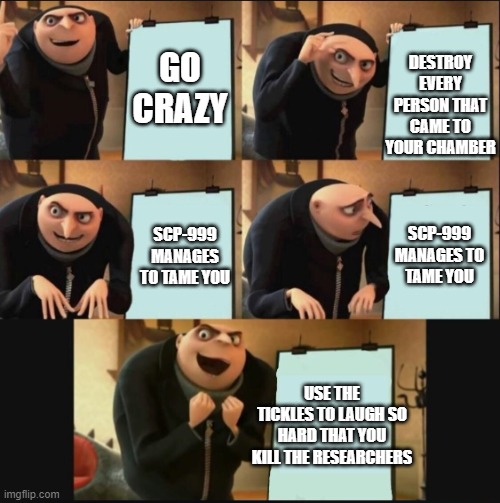 5 panel gru meme | GO CRAZY DESTROY EVERY PERSON THAT CAME TO YOUR CHAMBER SCP-999 MANAGES TO TAME YOU SCP-999 MANAGES TO TAME YOU USE THE TICKLES TO LAUGH SO  | image tagged in 5 panel gru meme | made w/ Imgflip meme maker