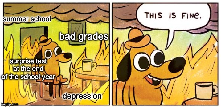 :) | summer school; bad grades; surprise test at the end of the school year; depression | image tagged in memes,this is fine | made w/ Imgflip meme maker