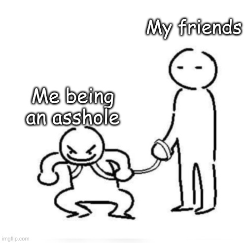 Person holding leash | My friends; Me being an asshole | image tagged in person holding leash | made w/ Imgflip meme maker