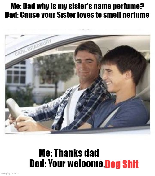 Dad | Me: Dad why is my sister's name perfume?
Dad: Cause your Sister loves to smell perfume; Me: Thanks dad
Dad: Your welcome, Dog Shit | image tagged in dad why is my sisters name | made w/ Imgflip meme maker