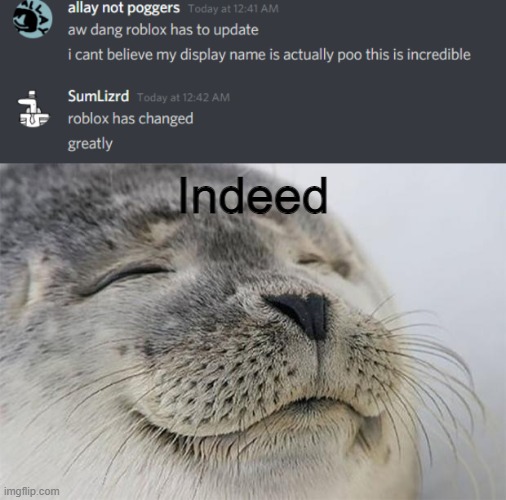Roblox has changed | Indeed | image tagged in memes,satisfied seal,funny,roblox,discord | made w/ Imgflip meme maker