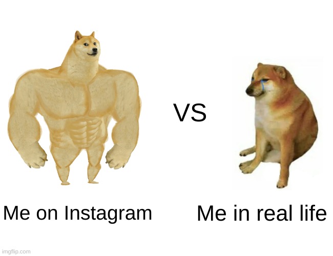 Buff Doge vs. Cheems | VS; Me on Instagram; Me in real life | image tagged in memes,buff doge vs cheems | made w/ Imgflip meme maker
