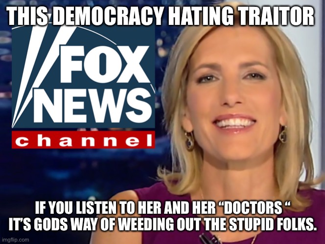Laura Ingraham Fox News | THIS DEMOCRACY HATING TRAITOR; IF YOU LISTEN TO HER AND HER “DOCTORS “ IT’S GODS WAY OF WEEDING OUT THE STUPID FOLKS. | image tagged in laura ingraham fox news | made w/ Imgflip meme maker