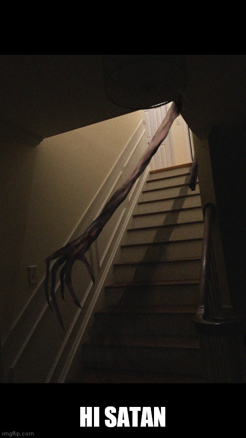 Imagine this coming down from upstairs in your house | HI SATAN | image tagged in satan | made w/ Imgflip meme maker