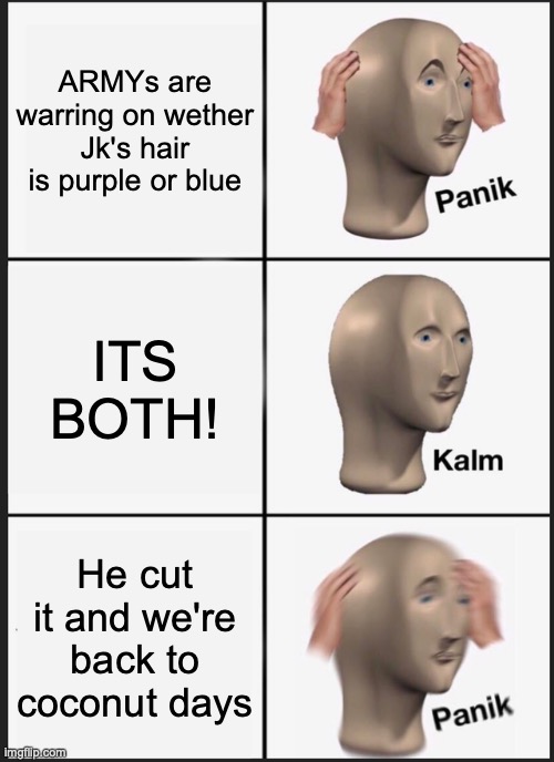 Panik Kalm Panik |  ARMYs are warring on wether Jk's hair is purple or blue; ITS BOTH! He cut it and we're back to coconut days | image tagged in memes,panik kalm panik | made w/ Imgflip meme maker