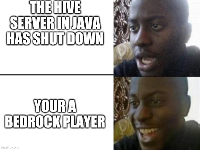 R.I.P java hive | THE HIVE SERVER IN JAVA HAS SHUT DOWN; YOUR A BEDROCK PLAYER | image tagged in reversed disappointed black man,minecraft | made w/ Imgflip meme maker