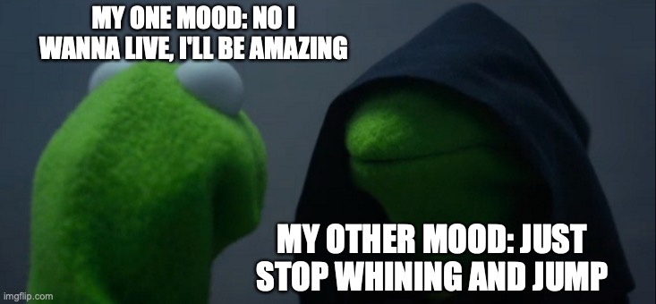 Evil Kermit | MY ONE MOOD: NO I WANNA LIVE, I'LL BE AMAZING; MY OTHER MOOD: JUST STOP WHINING AND JUMP | image tagged in memes,evil kermit | made w/ Imgflip meme maker
