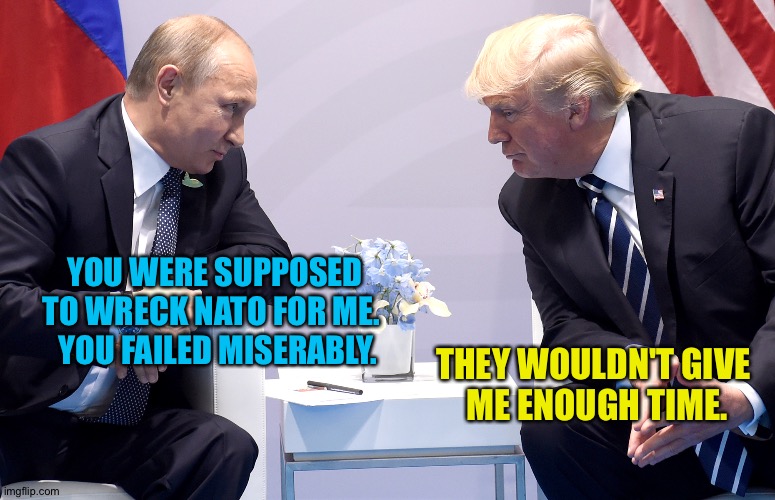 Putin Trump Secret | YOU WERE SUPPOSED 
TO WRECK NATO FOR ME.  
YOU FAILED MISERABLY. THEY WOULDN'T GIVE 
ME ENOUGH TIME. | image tagged in putin trump secret | made w/ Imgflip meme maker