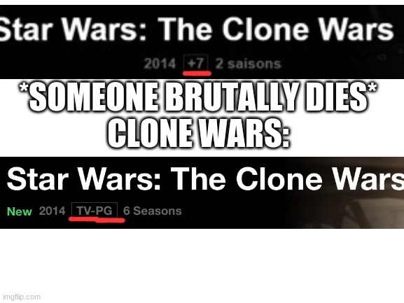 star wars the clone wars when we're not looking | *SOMEONE BRUTALLY DIES*
CLONE WARS: | image tagged in blank white template,star wars memes,star wars meme,clone wars,clone trooper,star wars | made w/ Imgflip meme maker