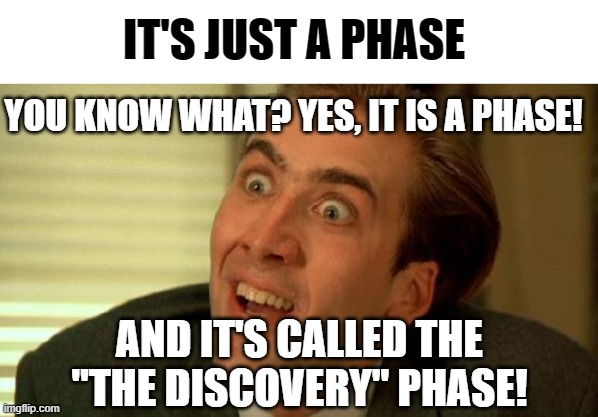How's that for a phase! | IT'S JUST A PHASE; YOU KNOW WHAT? YES, IT IS A PHASE! AND IT'S CALLED THE "THE DISCOVERY" PHASE! | image tagged in nicolas cage,phase,lgbt,it's just a phase my ass,lgbtq | made w/ Imgflip meme maker