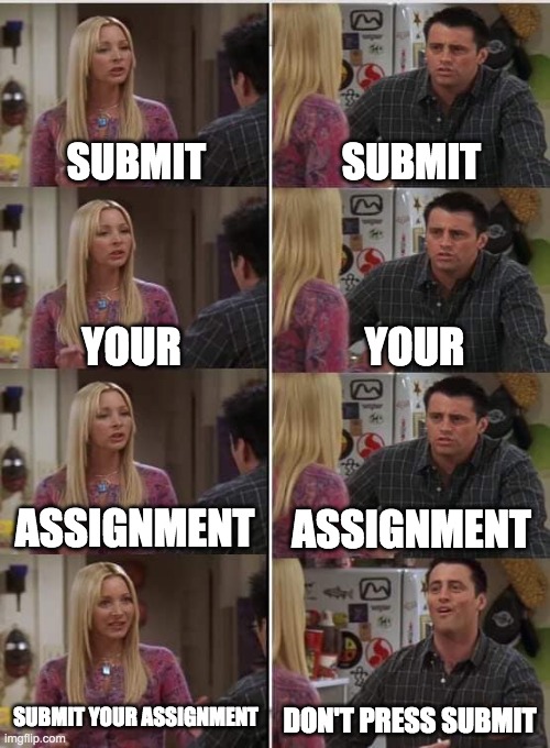 Submit Your Assignment | SUBMIT; SUBMIT; YOUR; YOUR; ASSIGNMENT; ASSIGNMENT; SUBMIT YOUR ASSIGNMENT; DON'T PRESS SUBMIT | image tagged in phoebe joey | made w/ Imgflip meme maker