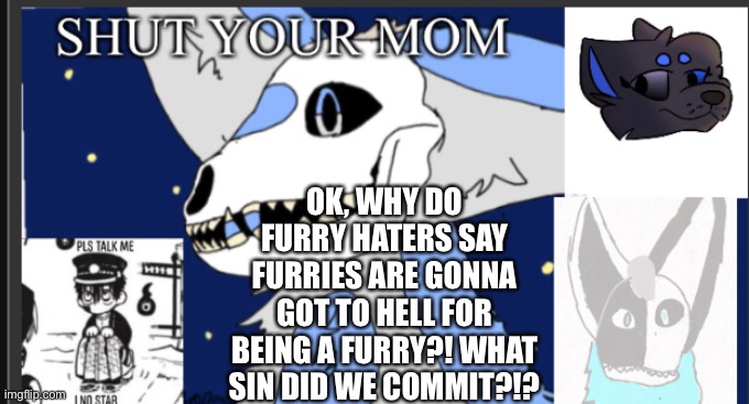 Like B R U H | OK, WHY DO FURRY HATERS SAY FURRIES ARE GONNA GOT TO HELL FOR BEING A FURRY?! WHAT SIN DID WE COMMIT?!? | image tagged in weebgirls template,furry motherfluffers | made w/ Imgflip meme maker